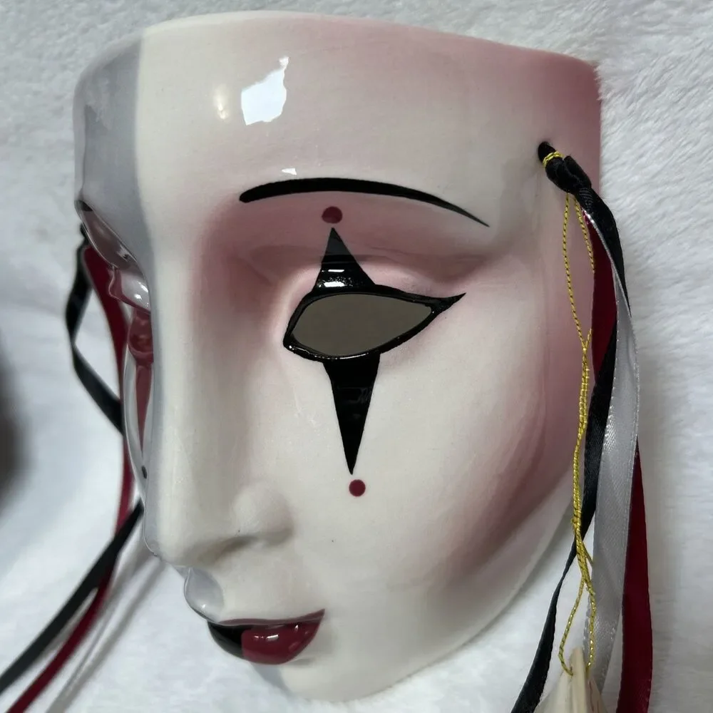 Clay Art Glazed Harlequin Masquerade Face Mask Hanging Ribbons Hand Painted